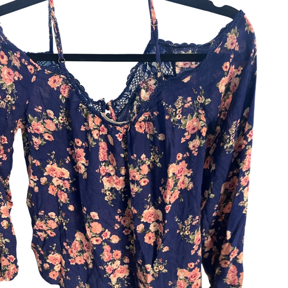 Rewind Navy Floral Blouse with Lace Trim